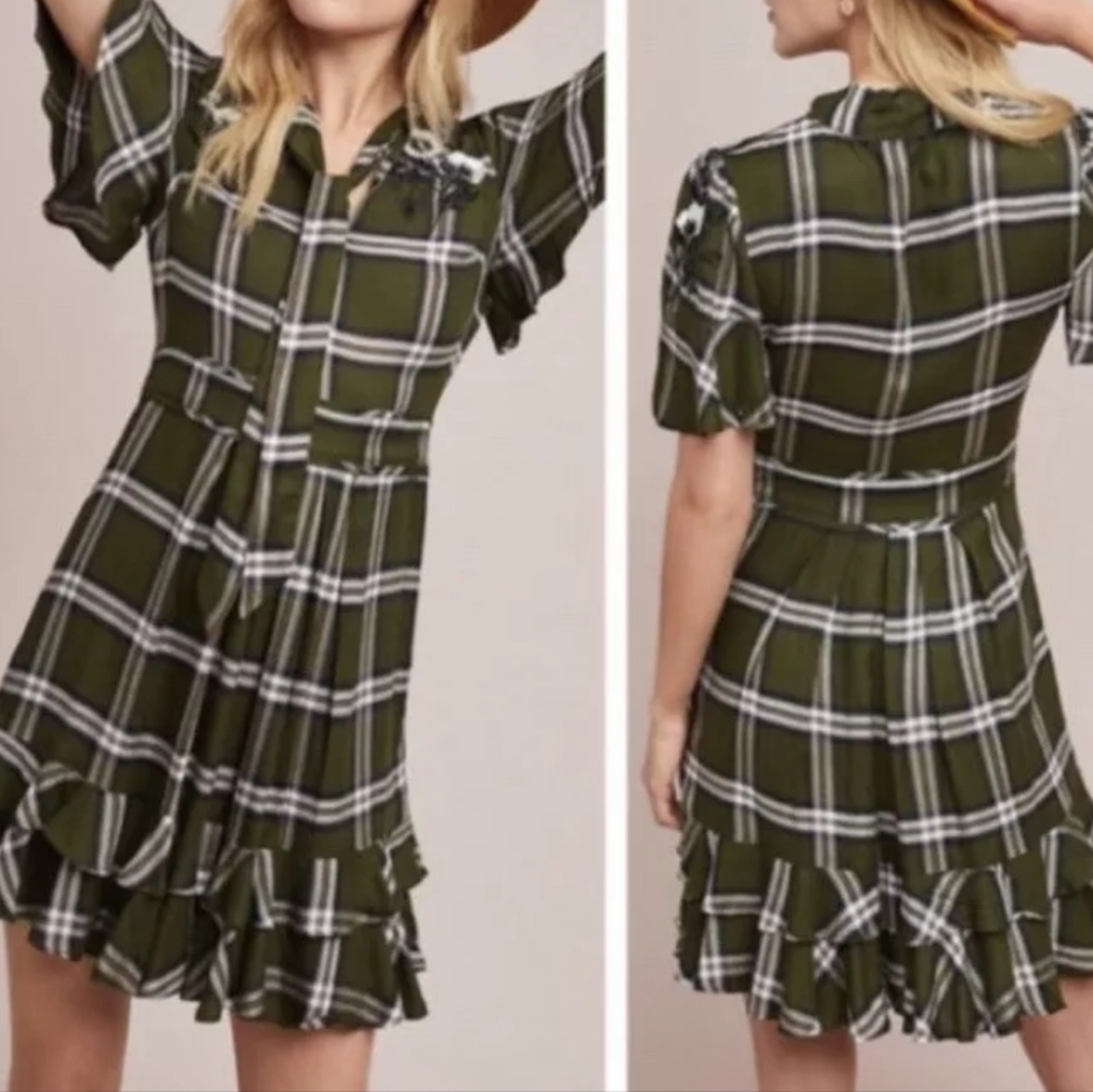 Ranna Gill green plaid Anthropologie dress medium